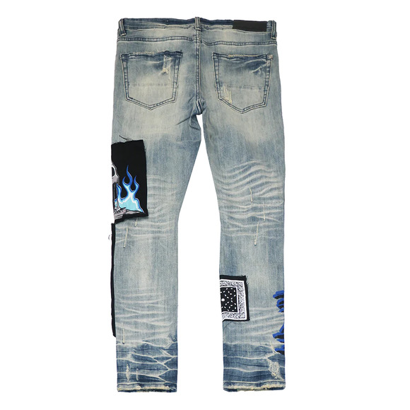 GFTD LA Los Angeles Men's Skinny Fit Panel Patch Fire Skull Distressed Rip Jeans - Picture 7 of 7